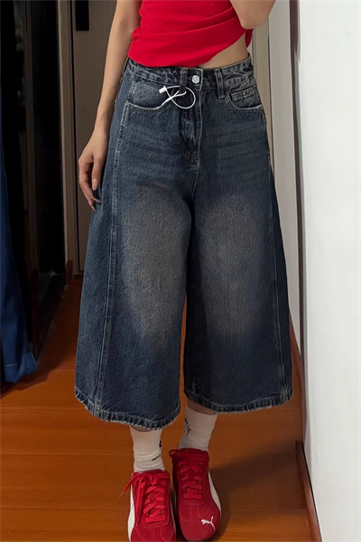 Lacivert Yıkamalı Retro Kısa Paçalı Y2K Kot Şortolon