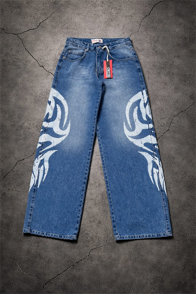Mavi Beyaz Tribal Baskılı Y2K Unisex Baggy Pantolon