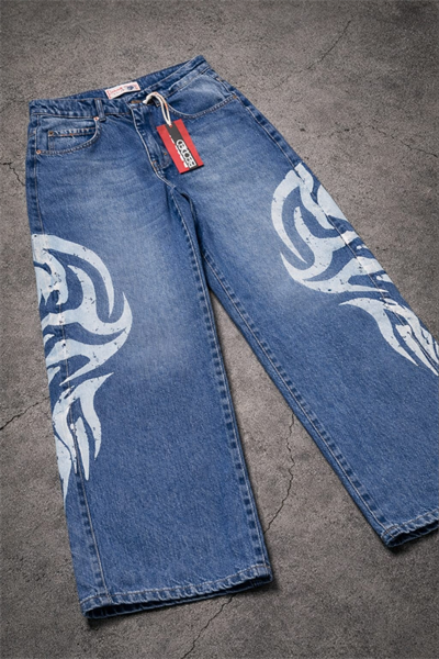 Mavi Beyaz Tribal Baskılı Y2K Unisex Baggy Pantolon