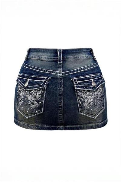 Mavi Butterfly İşlemeli Y2K Kot Etek