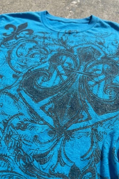 Mavi Fleur-De-Lis Gotik Y2K Kısa Kollu Crop