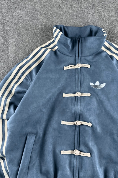 Mavi Üç Şeritli Y2K Unisex Chinese Ceket