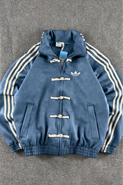 Mavi Üç Şeritli Y2K Unisex Chinese Ceket