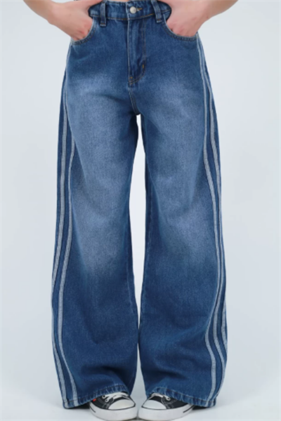 Mavi Vintage Çizgi Detay Eskitme Baggy Pantolon