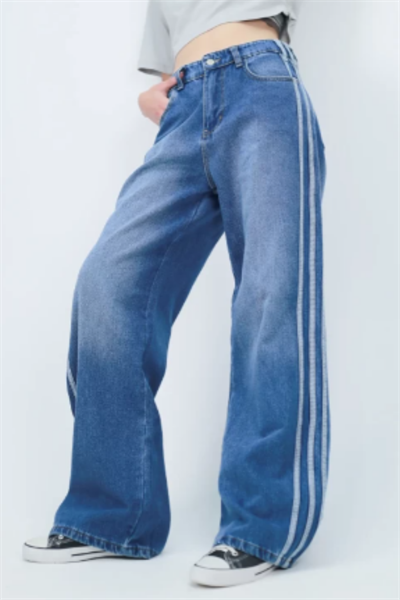 Mavi Vintage Çizgi Detay Eskitme Baggy Pantolon