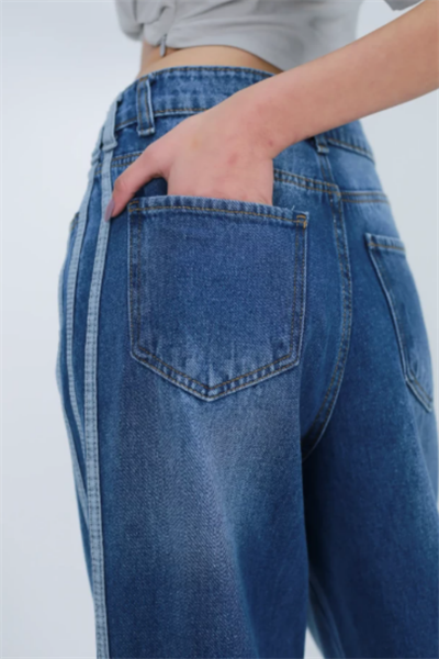 Mavi Vintage Çizgi Detay Eskitme Baggy Pantolon