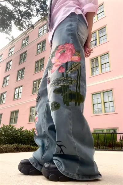 Mavi Yıkama Kanji ve Lotus Baskılı Grunge Y2K Unisex Baggy Pantolon