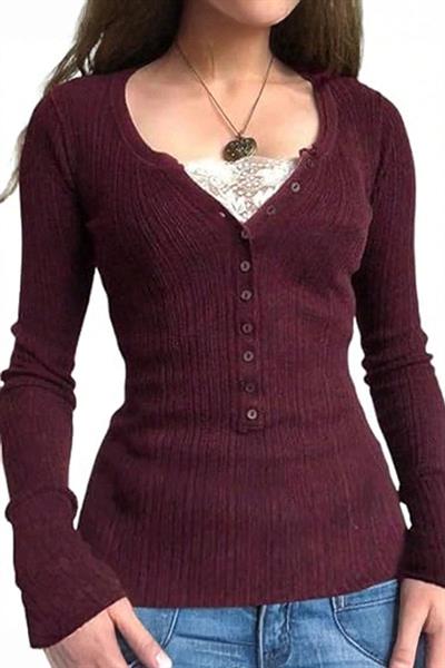 Mürdüm Düğme Detaylı Dantelli Henley Yaka Uzun Kollu Bluz