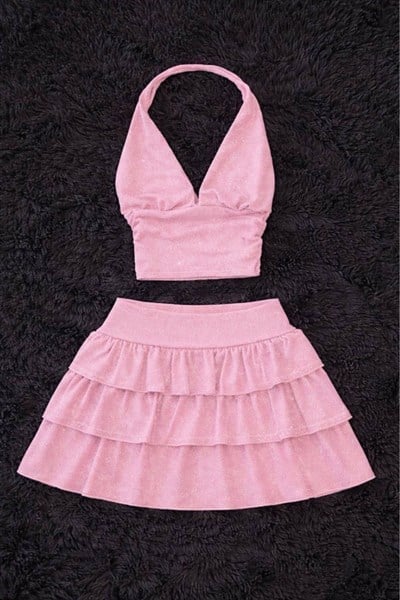 Pembe Ashley Simli Şort Etek Bluz Takım