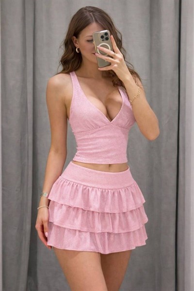 Pembe Ashley Simli Şort Etek Bluz Takım