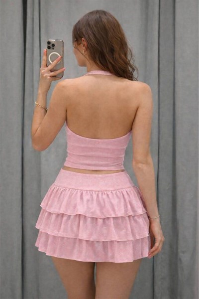 Pembe Ashley Simli Şort Etek Bluz Takım