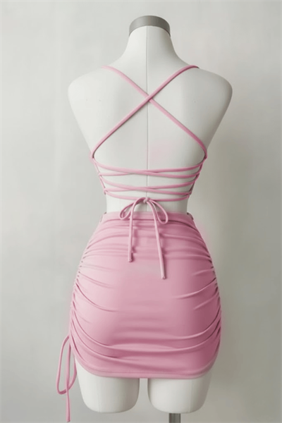 Pembe Büzgülü Sırt İpli & Dekolteli Askılı Gotik Y2K Saten Elbise