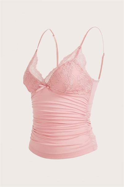 Pembe Dantel Detaylı Fiyonklu Y2K Askılı Crop