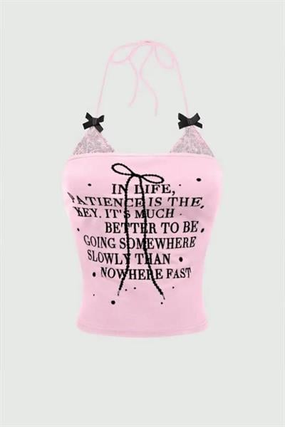 Pembe Dantel Detaylı Siyah Fiyonklu İn Life Y2K Askılı Crop