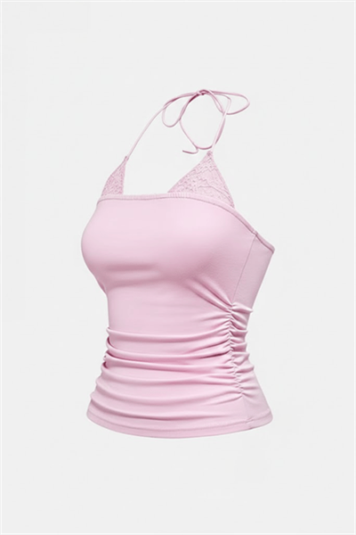 Pembe Dantel Ekli Bağlamalı Y2K Askılı Crop