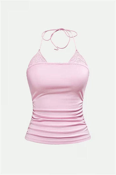 Pembe Dantel Ekli Bağlamalı Y2K Askılı Crop