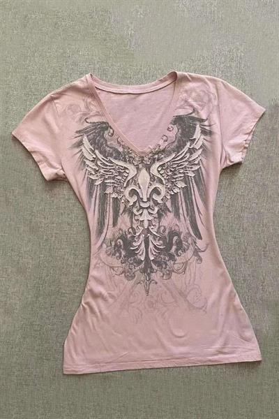 Pembe Gothic Wing Y2K Kısa Kollu Crop