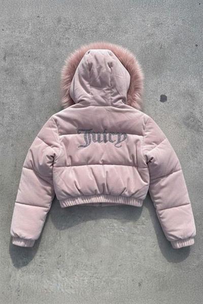 Pembe Juicy Peluş Kapüşonlu Şişme Crop Mont
