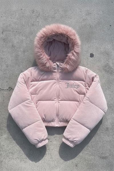 Pembe Juicy Peluş Kapüşonlu Şişme Crop Mont