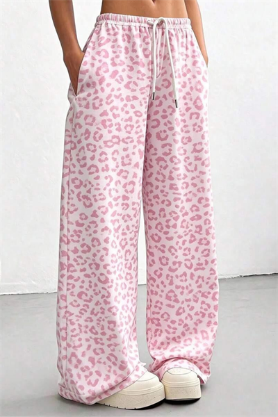Pembe Leopar Desenli Oversize Eşofman Altı