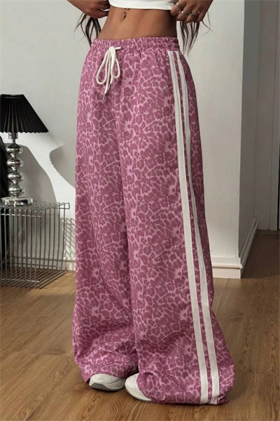Pembe Leopar Detail Çift Çizgili Y2K Style Pantolon Eşofman