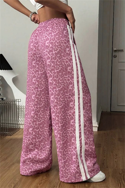Pembe Leopar Detail Çift Çizgili Y2K Style Pantolon Eşofman