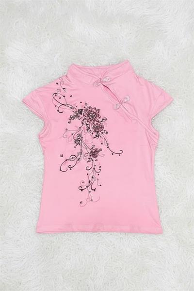 Pembe Mandarin Yaka Çiçekli Qipao Vintage Y2K Kısa Kollu Crop