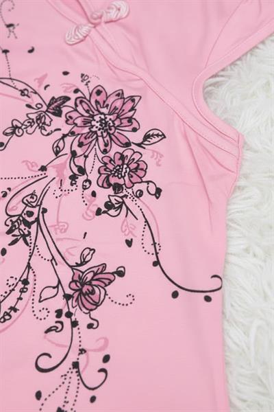 Pembe Mandarin Yaka Çiçekli Qipao Vintage Y2K Kısa Kollu Crop