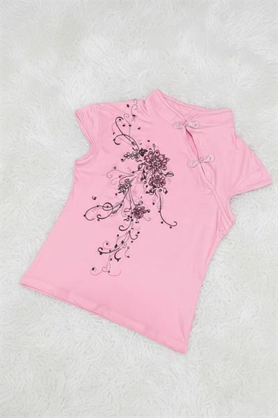 Pembe Mandarin Yaka Çiçekli Qipao Vintage Y2K Kısa Kollu Crop