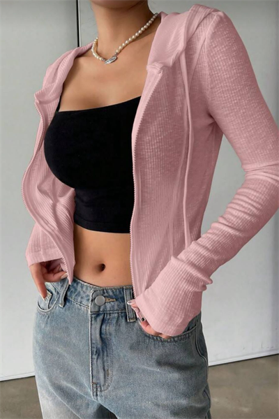 Pembe Rolly Basic Slim Fit Fermuarlı Bluz