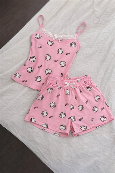 Pink Lace Detail Hello Kitty Alt Üst Takım