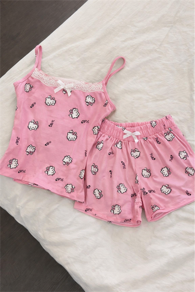 Pink Lace Detail Hello Kitty Alt Üst Takım
