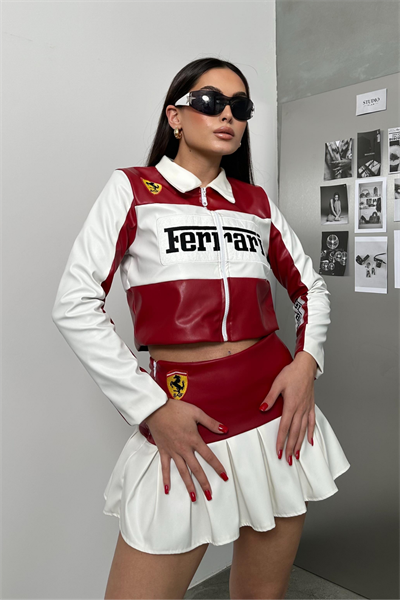 Red Ferrari İşlemeli Ceket Etek Deri Takım