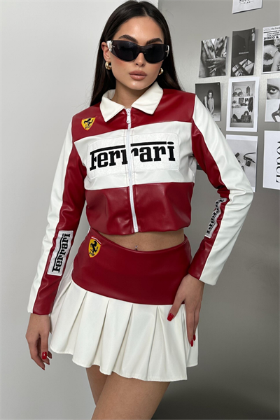 Red Ferrari İşlemeli Ceket Etek Deri Takım