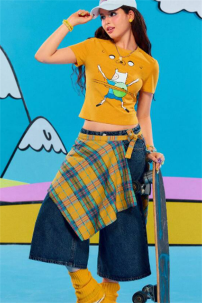 Sarı Adventure Time Fin and Jack Y2K Kısa Kollu Crop