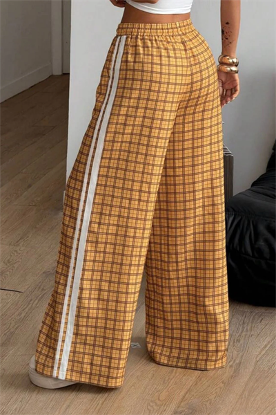 Sarı Ekose Detail Çift Çizgili Y2K Style Pantolon Eşofman