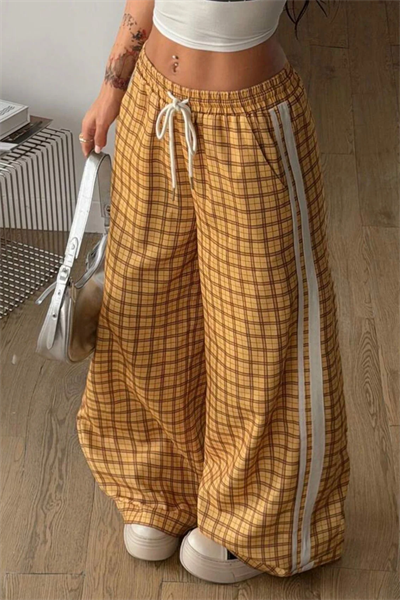 Sarı Ekose Detail Çift Çizgili Y2K Style Pantolon Eşofman