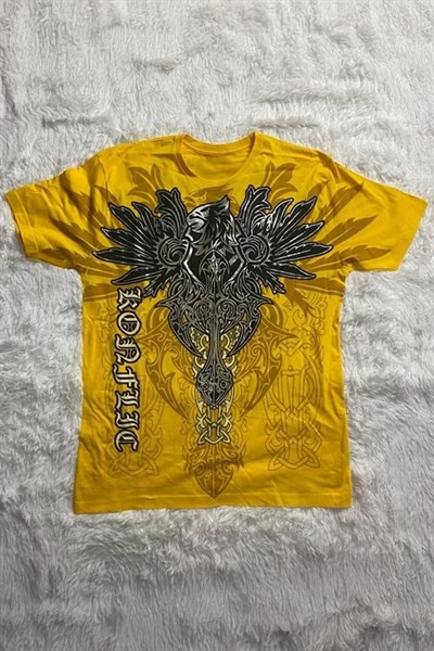 Sarı Gotik Kor Flec Tribal Y2K Unisex T-Shirt