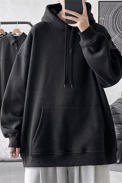 Siyah 3 İplik Şardonlu Unisex Oversize Kapüşonlu Sweatshirt