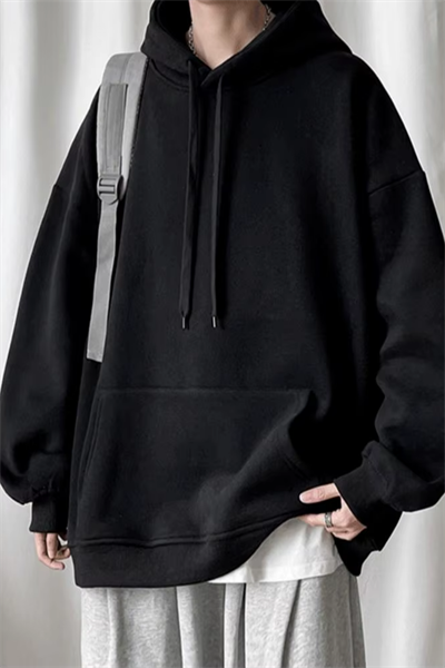 Siyah 3 İplik Şardonlu Unisex Oversize Kapüşonlu Sweatshirt