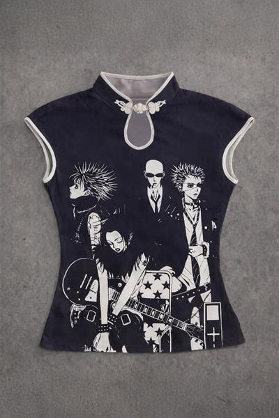 Siyah Anime Nana Qipao Vintage Y2K Kısa Kollu Crop