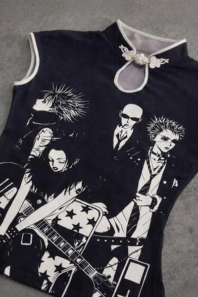 Siyah Anime Nana Qipao Vintage Y2K Kısa Kollu Crop