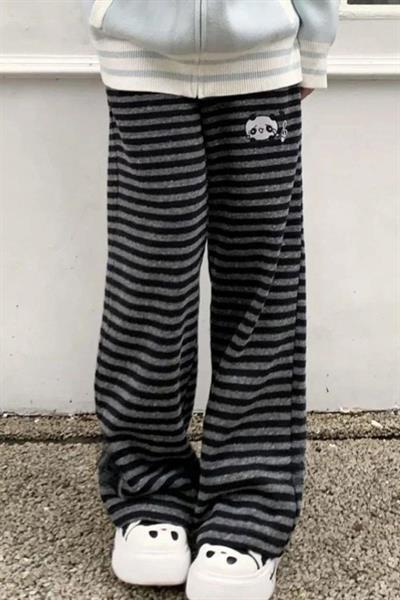 Siyah Antrasit Çizgili Melody Panda Beli Lastikli Y2K Unisex Eşofman