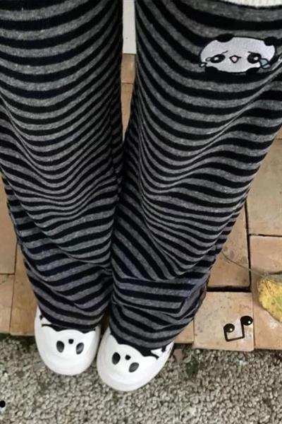 Siyah Antrasit Çizgili Melody Panda Beli Lastikli Y2K Unisex Eşofman