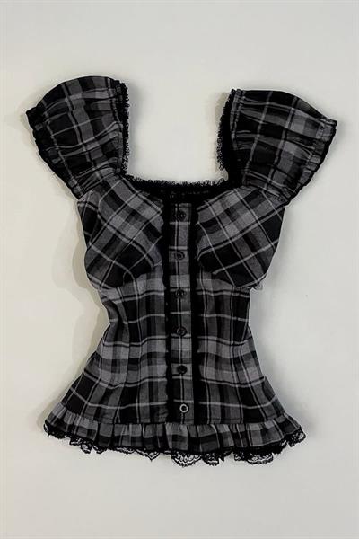 Siyah Antrasit Ekoseli Vintage Dantelli Kare Yaka Y2K Kısa Kollu Crop