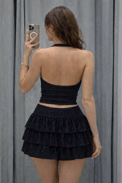 Siyah Ashley Simli Şort Etek Bluz Takım