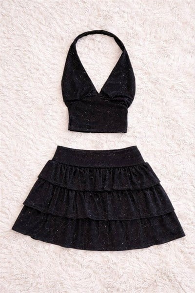 Siyah Ashley Simli Şort Etek Bluz Takım