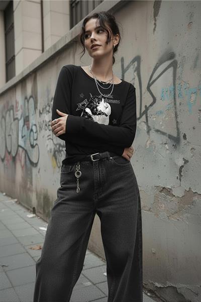Siyah Balance Cat Our Love Is Gotik Y2K Uzun Kollu Crop
