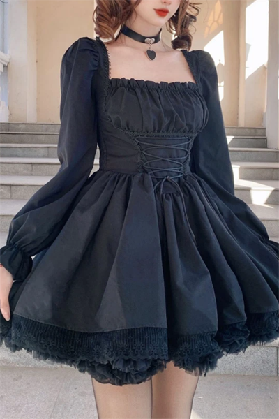 Siyah Balon Uzun Kol Gothic Dantel Detaylı Elbise