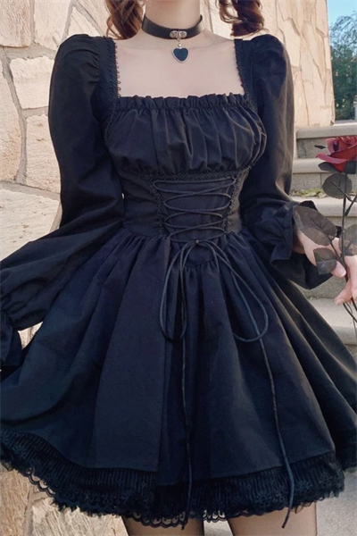 Siyah Balon Uzun Kol Gothic Dantel Detaylı Elbise